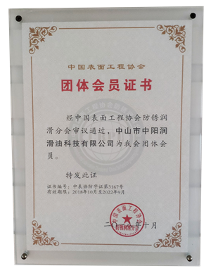 中國表面工程協會防銹潤滑分會——團體會員證